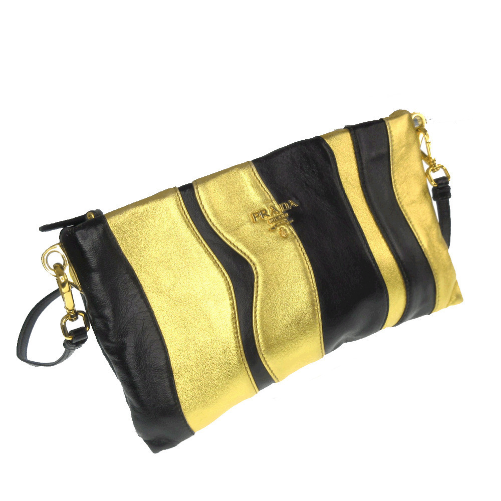 PRADA Shoulder Bag Leather Gold Black Handbag Crossbody
